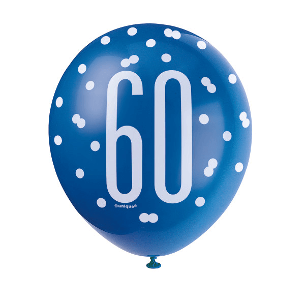 12" Glitz Light Blue, Royal Blue, & White Latex Balloons 60th (6 Pack)