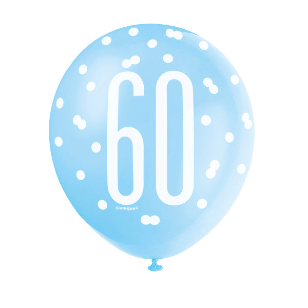 12" Glitz Light Blue, Royal Blue, & White Latex Balloons 60th (6 Pack)