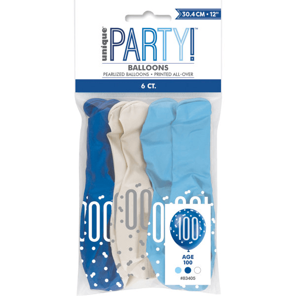 12" Birthday Blue Glitz Number 100 Latex Balloons (6 Pack)