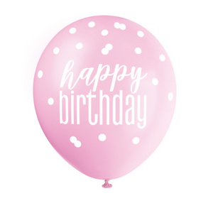 12" Glitz Petal Pink Spring Lavender & White Latex Balloons "Happy Birthday" (6 Pack)