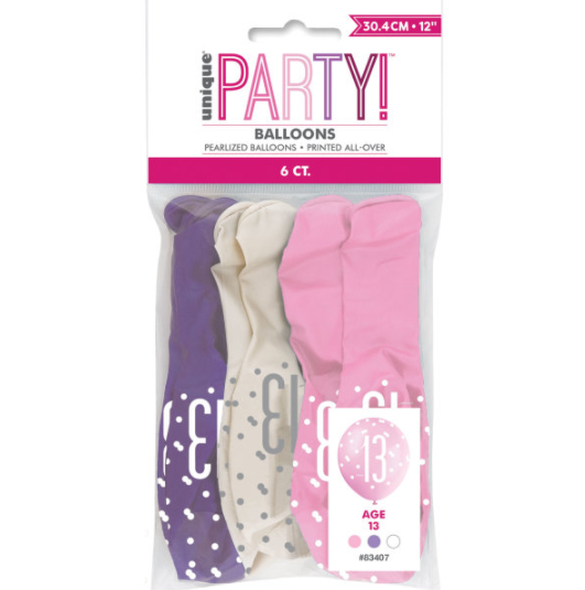 12"Birthday Pink Glitz Number 13 Latex Balloons (6 Pack)