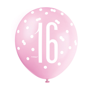 12" Glitz Petal Pink, Spring Lavender, & White Latex Balloons 16th (6 Pack)