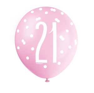 12" Birthday Pink Glitz Number 21 Latex Balloons (6 Pack)