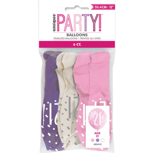 12" Birthday Pink Glitz Number 21 Latex Balloons (6 Pack)