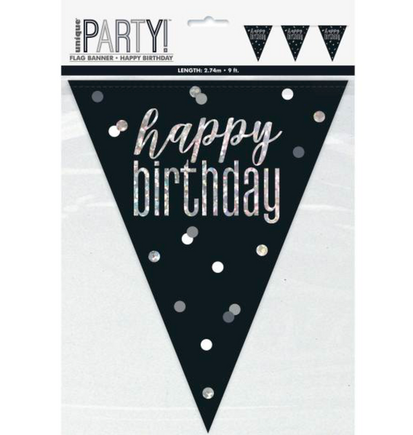 Glitz Black & Silver Prismatic Plastic Flag Banner "Happy Birthday" (9ft)