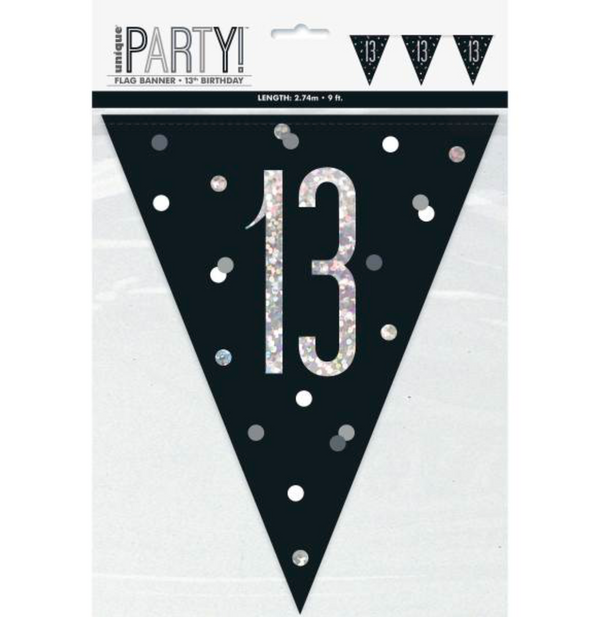 Birthday Black & Silver Glitz Number 13 Flag Banner (9ft)
