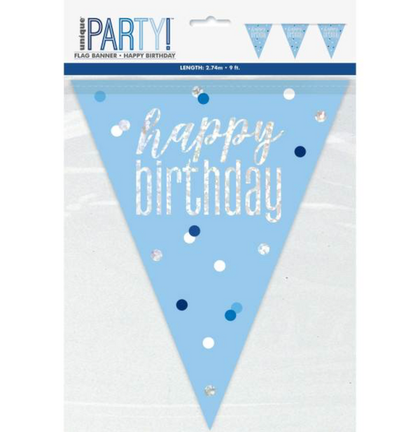 Glitz Blue & Silver Prismatic Plastic Flag Banner "Happy Birthday" (9ft)