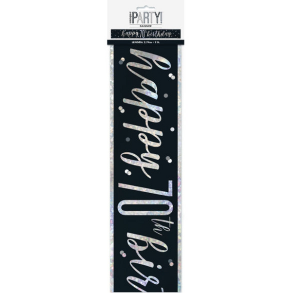 "Happy 70th Birthday" 9ft Glitz Black & Silver Foil Banner