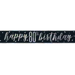 "Happy 80th Birthday" 9ft Glitz Black & Silver Foil Banner