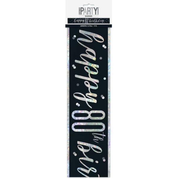 "Happy 80th Birthday" 9ft Glitz Black & Silver Foil Banner