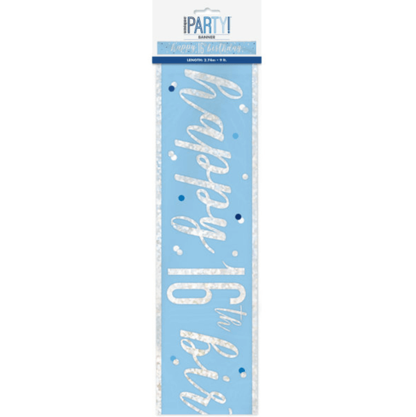"Happy 16th Birthday" 9ft Glitz Blue & Silver Foil Banner