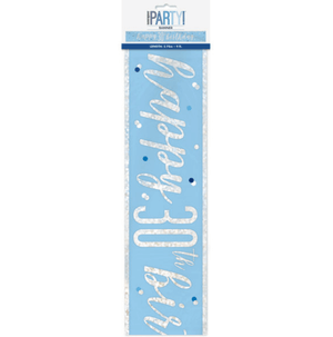 "Happy 30th Birthday" 9ft Glitz Blue & Silver Foil Banner