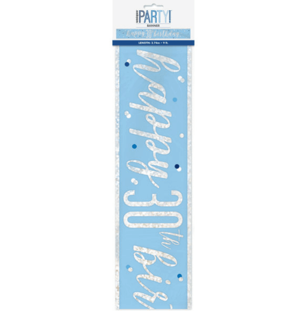 "Happy 30th Birthday" 9ft Glitz Blue & Silver Foil Banner