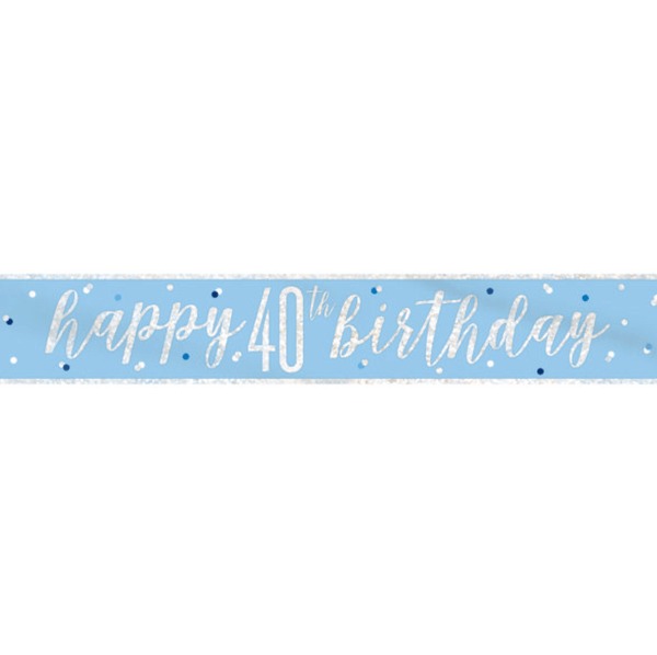 "Happy 40th Birthday" 9ft Glitz Blue & Silver Foil Banner