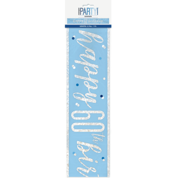 "Happy 60th Birthday" 9ft Glitz Blue & Silver Foil Banner