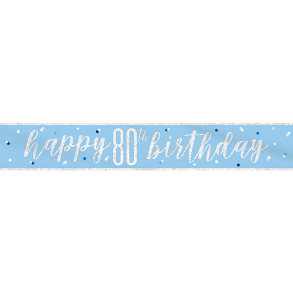 "Happy 80th Birthday" 9ft Glitz Blue & Silver Foil Banner