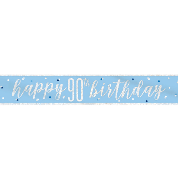 "Happy 90th Birthday" 9ft Glitz Blue & Silver Foil Banner