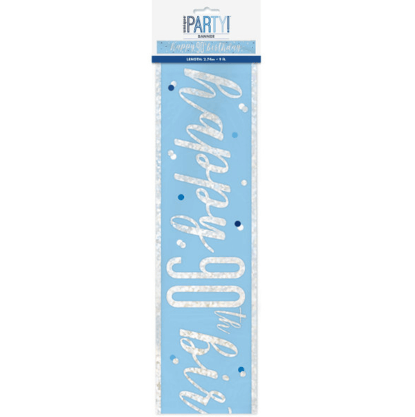 "Happy 90th Birthday" 9ft Glitz Blue & Silver Foil Banner