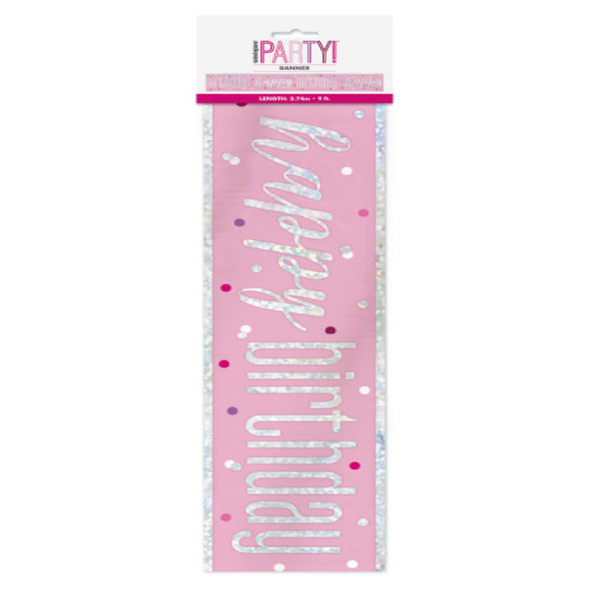 1 Glitz Pink & Silver Foil Banner "Happy Birthday" (9 ft)