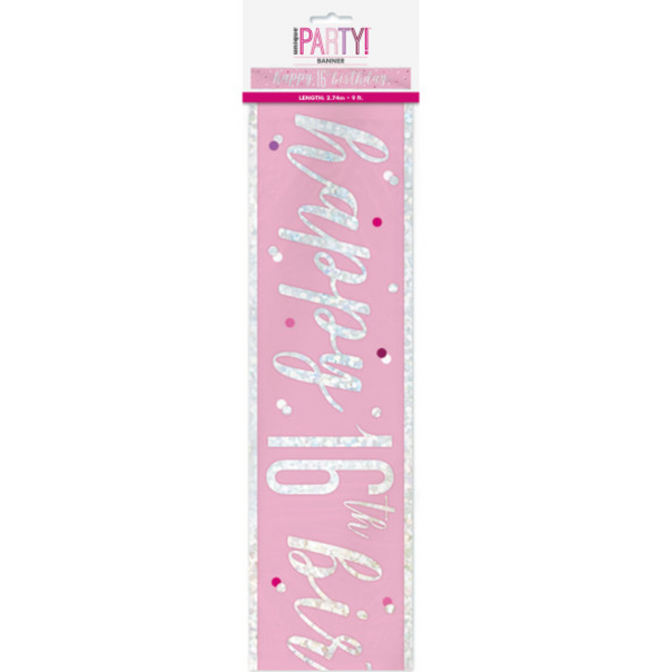 "Happy 16th Birthday" 9ft Glitz Pink & Silver Foil Banner