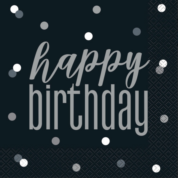 Glitz Black & Silver "Happy Birthday" Luncheon Napkins (16 Pack)