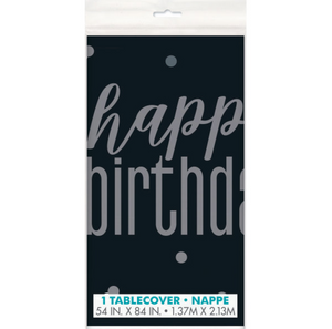 Glitz Black & Silver "Happy Birthday" Plastic Table Cover (54"x84")