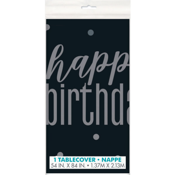 Glitz Black & Silver "Happy Birthday" Plastic Table Cover (54"x84")