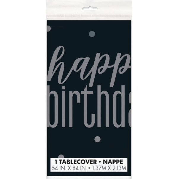 Glitz Black & Silver "Happy Birthday" Plastic Table Cover (54"x84")