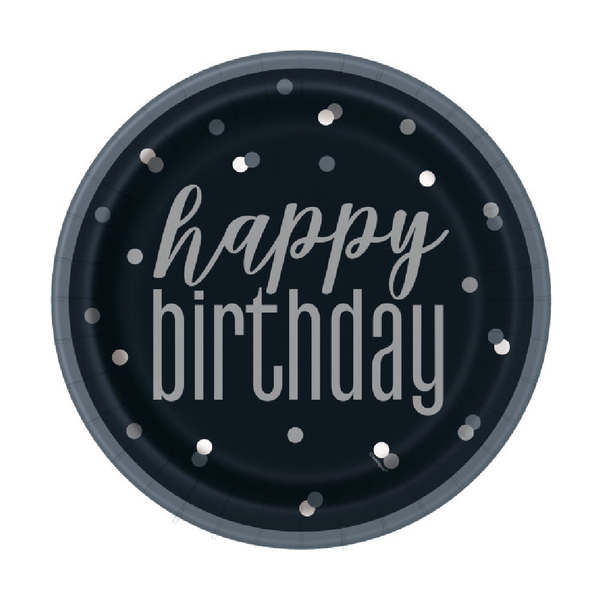 Glitz Black and Silver "Happy Birthday" 9" Dinner Plates (8 Pack)