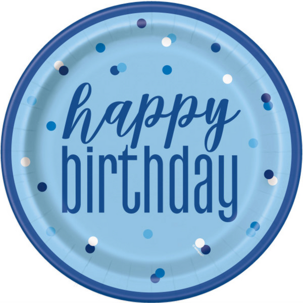 Glitz Blue & Silver "Happy Birthday" 9" Dinner Plates (8 Pack)