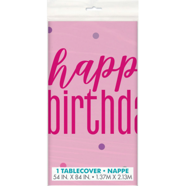 Glitz Pink & Silver "Happy Birthday" Plastic Table Cover (54"x84")