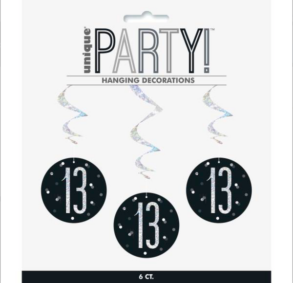 Birthday Black Glitz Number 13 Hanging Swirl Decorations 32" (6 Pack)