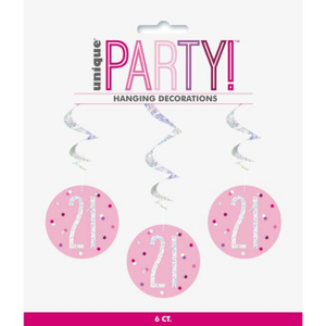32" Birthday Pink Glitz Number 21 Hanging Swirl Decorations 32"(6 Pack)