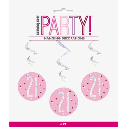 32" Birthday Pink Glitz Number 21 Hanging Swirl Decorations 32"(6 Pack)