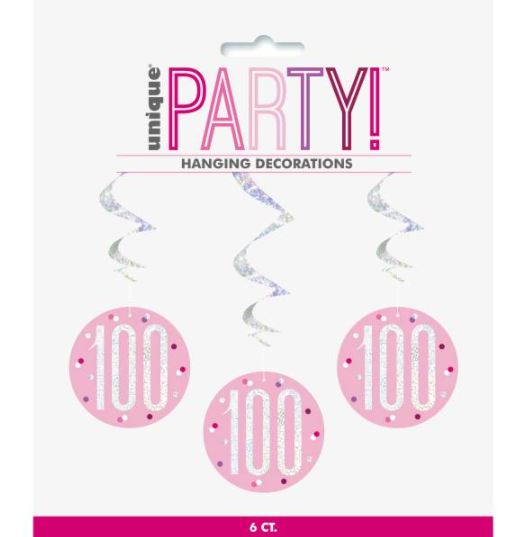 Age 100 Birthday Pink Glitz Number Hanging Swirl Decorations | 32" Length (6 Pack)