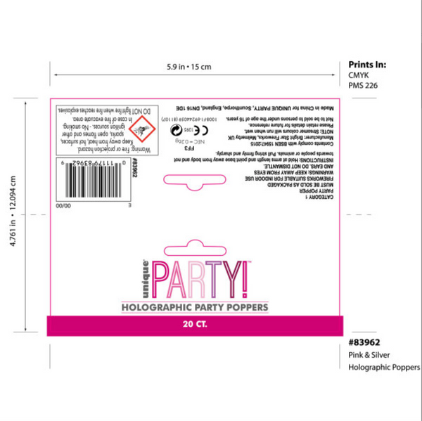 Birthday Pink Glitz Holographic Poppers (20 Pack)