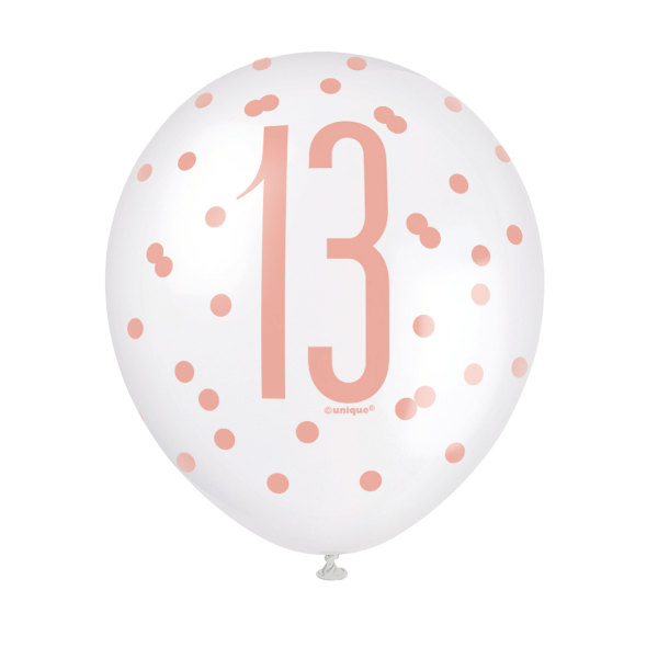 Birthday Rose Gold Glitz 'Number 13' 12" Latex Balloons (6 Pack)