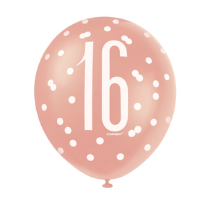 12" Rose Gold Latex Balloons 16th (6 Pack)