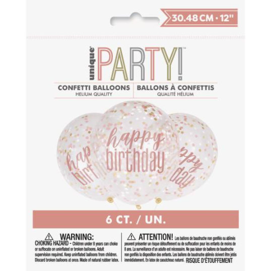 12" Clear Printed Rose Gold "Happy Birthday" Balloons with Confetti (6 Pack)