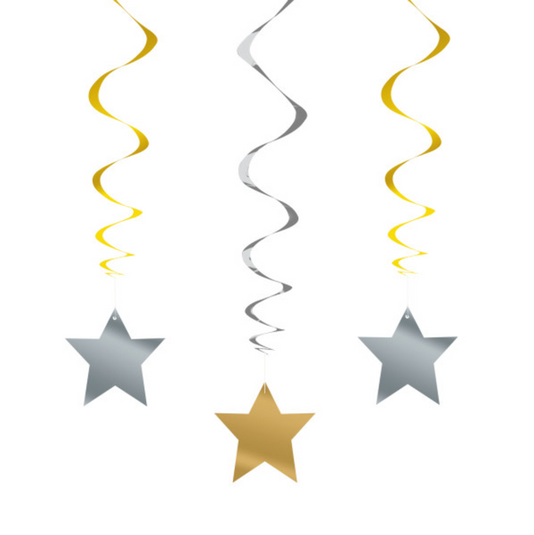 Silver & Gold Star Hanging Swirl Decorations 26" (3 Pack)