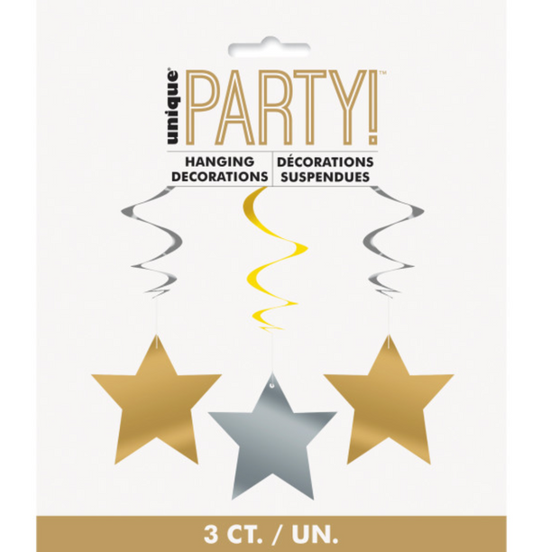 Silver & Gold Star Hanging Swirl Decorations 26" (3 Pack)