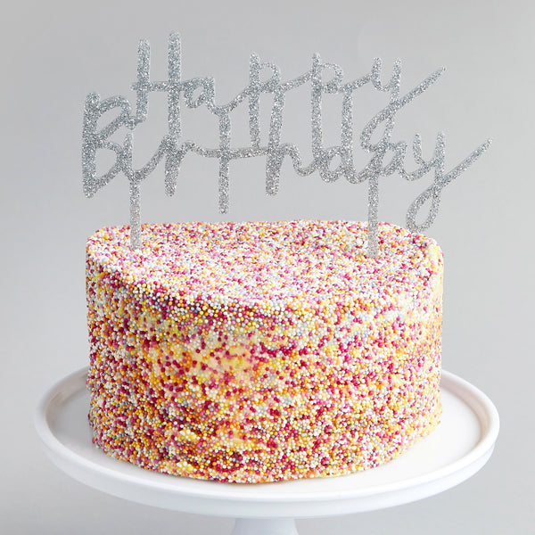SILVER ACRYLIC 'HAPPY BIRTHDAY' CAKE TOPPER (200x142MM)