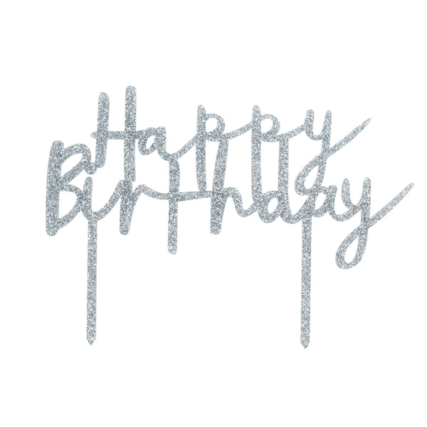 SILVER ACRYLIC 'HAPPY BIRTHDAY' CAKE TOPPER (200x142MM)