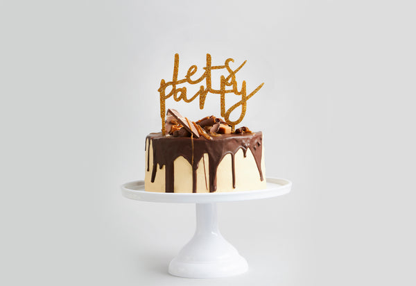 GOLD GLITTER ACRYLIC 'LET'S PARTY' CAKE TOPPER (165x160mm)