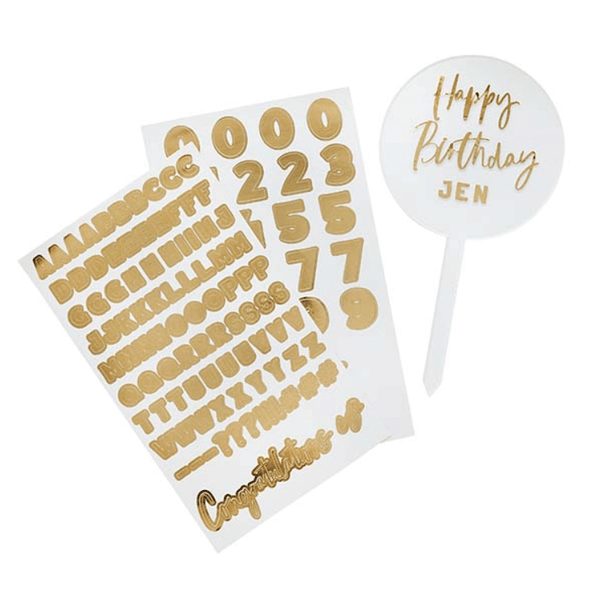 PERSONALISE ACRYLIC CAKE TOPPER WITH TWO GOLD STICKER SHEETS