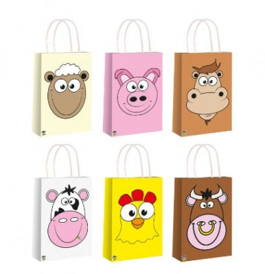 Farm Faces Paper Party Bags With Handles in 6 Assorted Designs - (14X21X7cm)