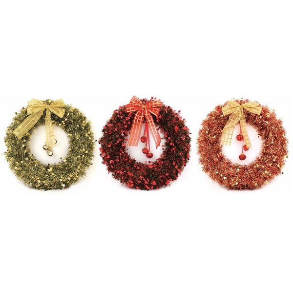 Home Decs XMAS Large Tinsel Wreath with Bells in 3 Assorted Colours