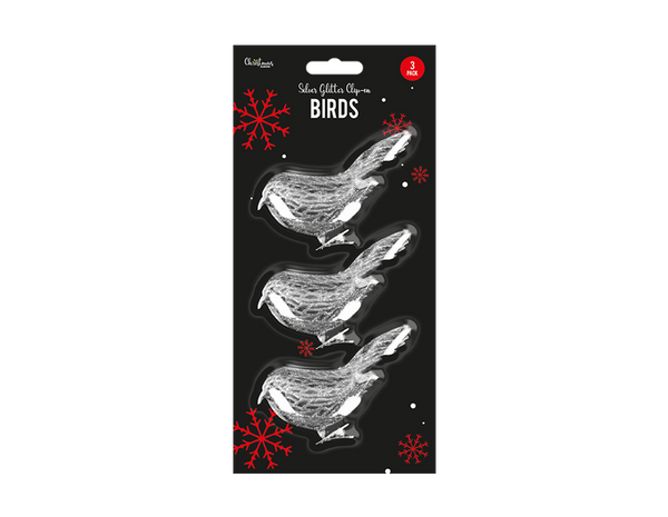 Silver Glittered Clip-on Bird Christmas Decoration -  (3 Pack)