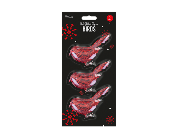 Red Glittered Clip-on Bird Christmas Decoration -  (3 Pack)