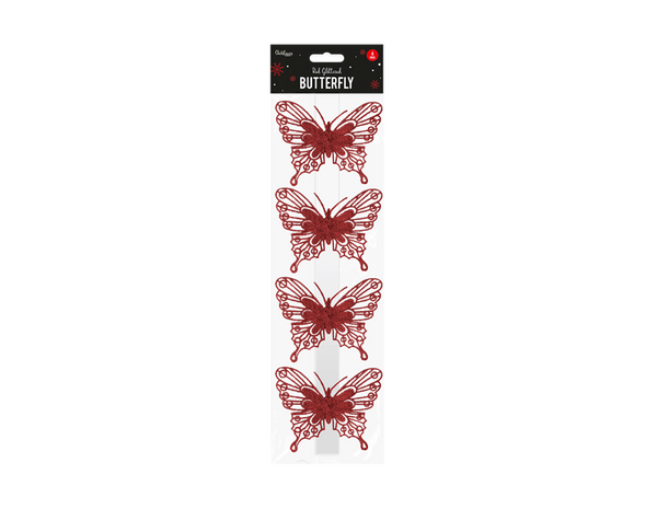 Christmas Red Glittered Butterfly Decorations - (4 Pack)